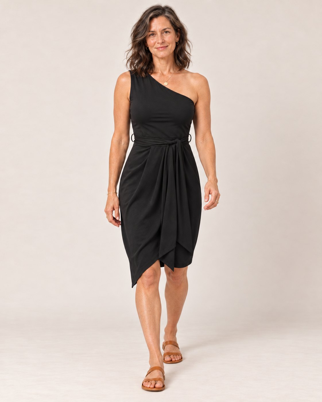 Sofia Dress - walking, asymmetric hem in movement