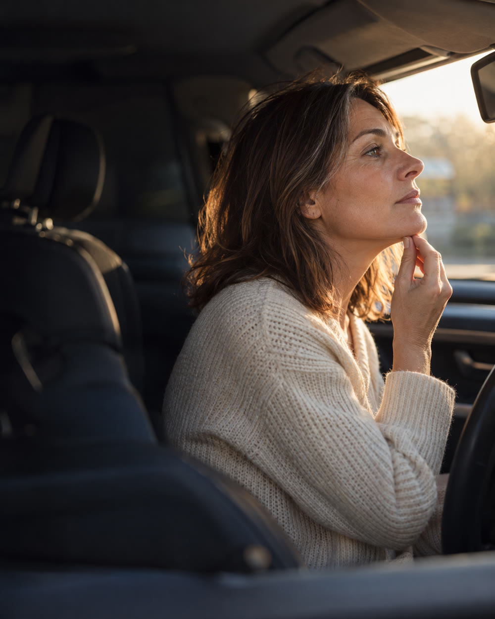 Femme dans la voiture, la main sur le menton